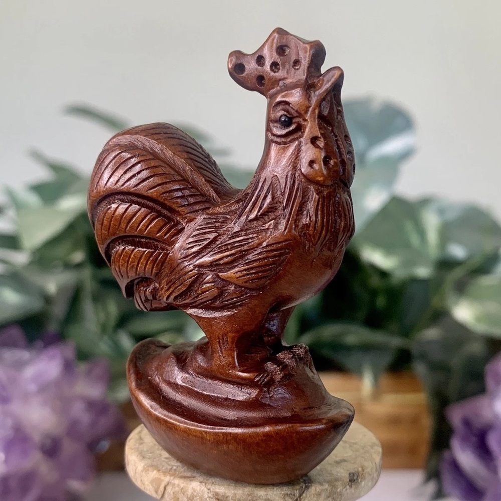 Boxwood Rooster Netsuke Figurine Hand Carved Wood Zodiac Animal Figure Signed